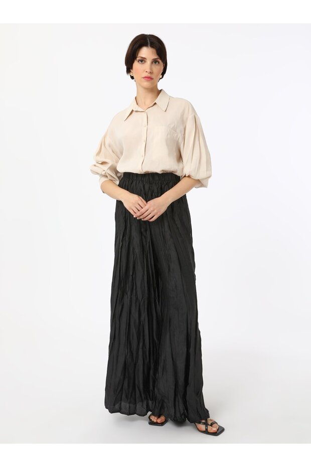 Kırışık Efektli Piliseli Pantolon - Siyah - Refka - 2