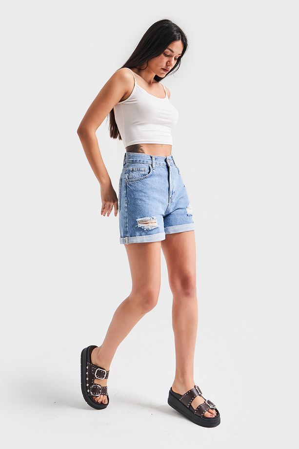 Yırtık Model Yüksek Bel Kot Rengi Jean - 2