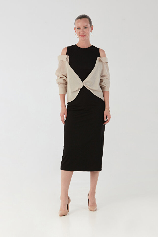 Basic Gömlek Detaylı Yırtmaçlı Elbise - 3