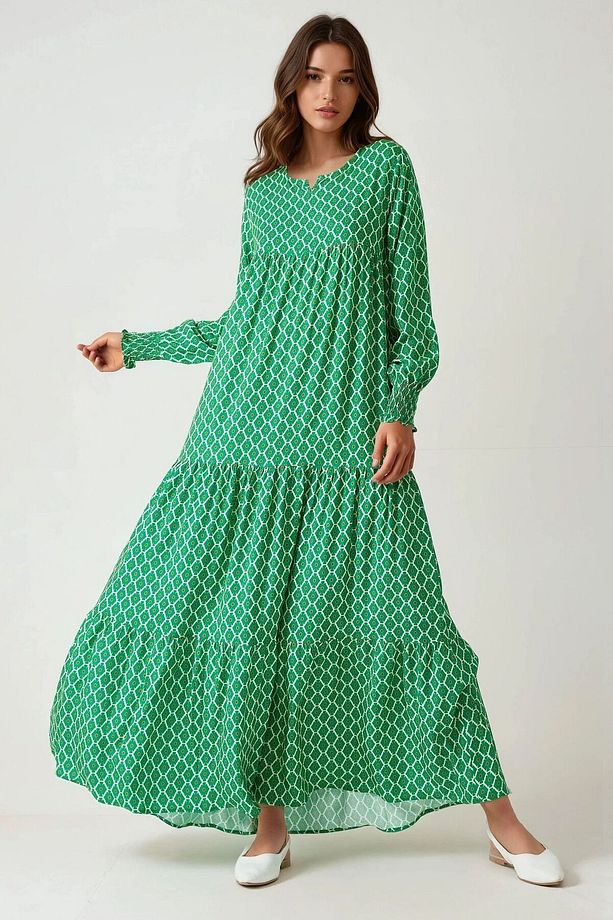 Desenli Yuvarlak Yaka Viskon Modest Elbise - 3