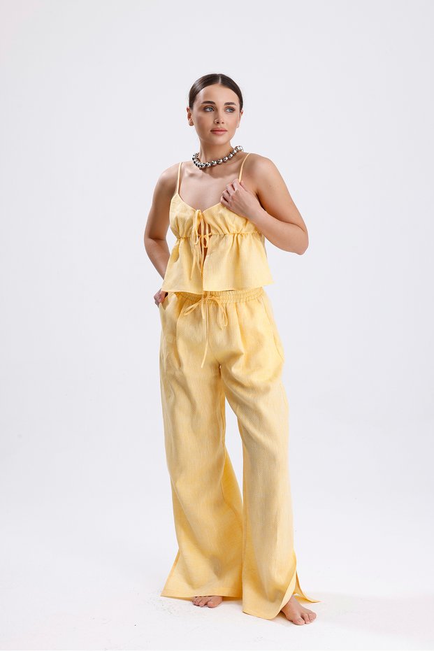 Selina Tie Detail Top Wide-Leg Trousers Woven Linen Two-Piece Set