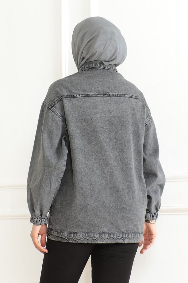 Kadın Oversize Körüklü Cep Kot Ceket Antrasit - 26578 - 4