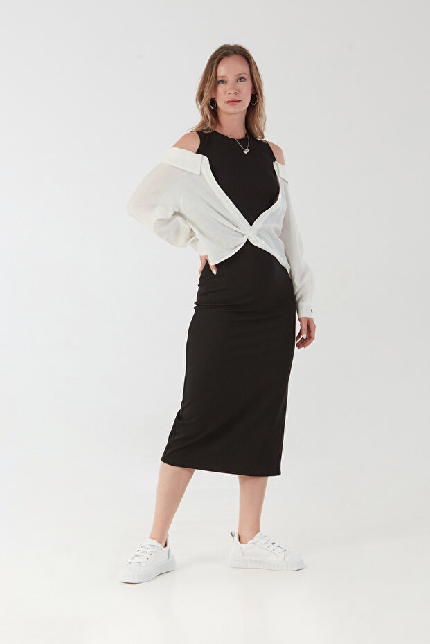 Basic Gömlek Detaylı Yırtmaçlı Elbise - 1