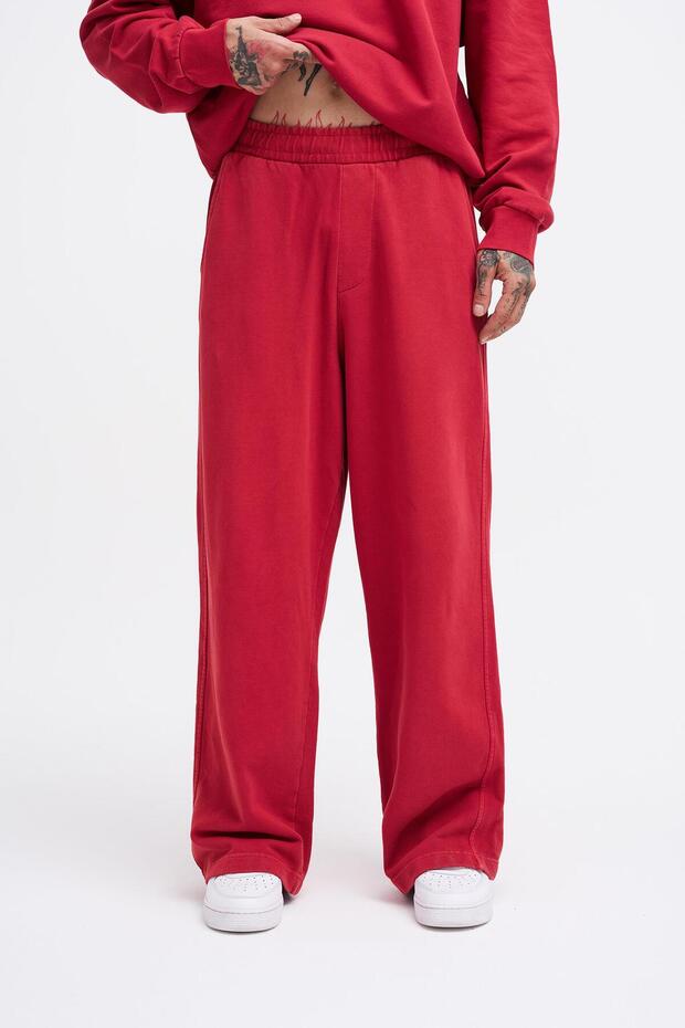 Erkek Yıkamalı Basic Baggy Kırmızı Eşofman Altı - 1