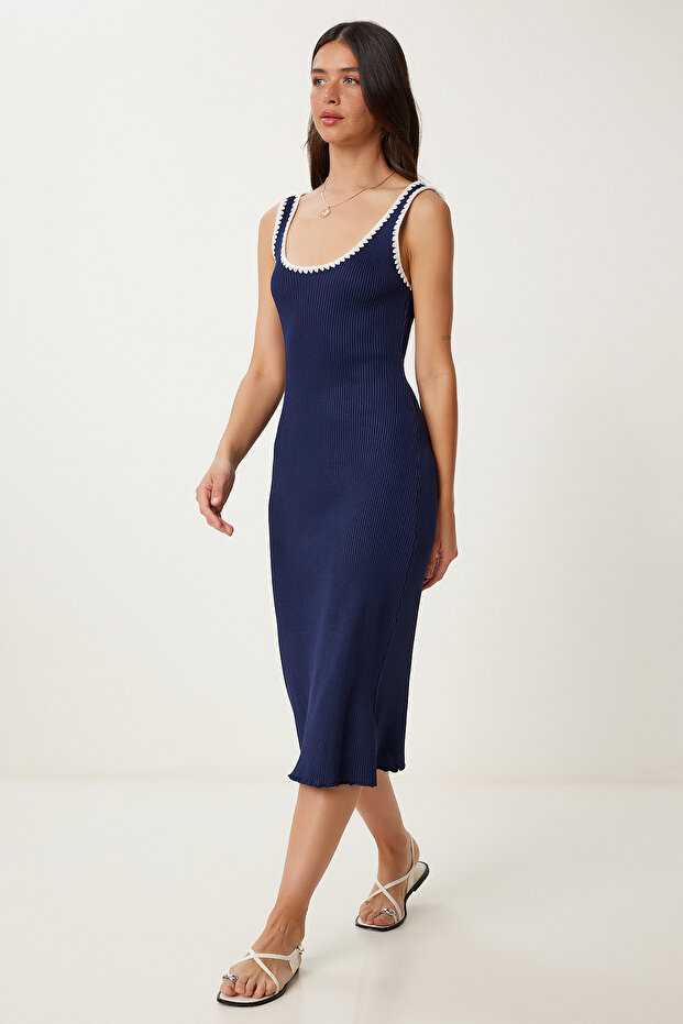 Dikiş Detaylı Fitilli Esnek Triko Elbise LACİVERT LAS0010 - 1