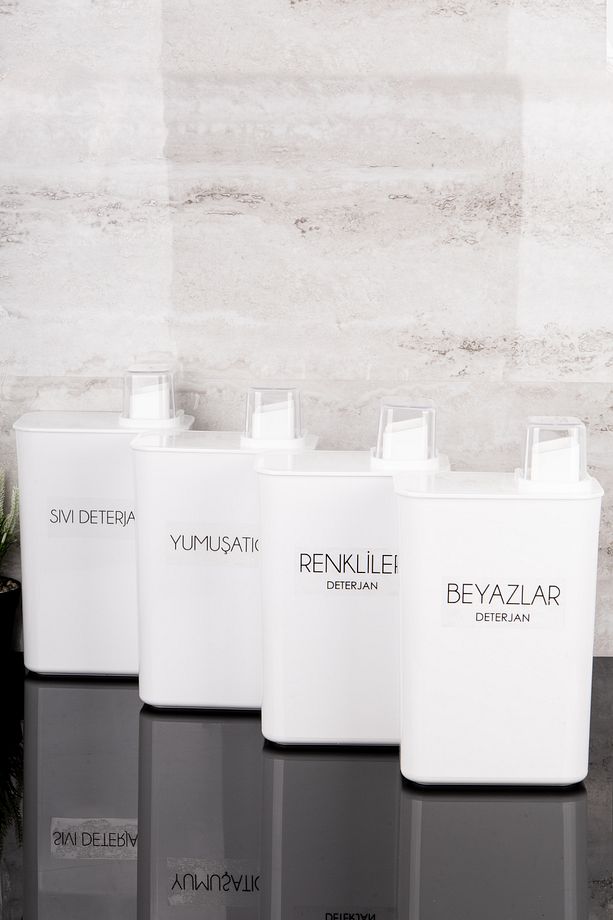 4lü Kendinden Ölçekli Deterjanlık Kutusu Seti Renkli Beyaz Sıvı Deterjan Yumuşatıcı Etiketli 3000ml - 1