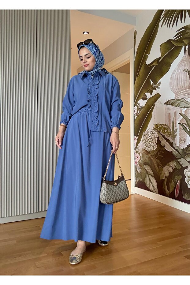 Cotton Shirt and Skirt Suit with Shirring Detail - Blue
