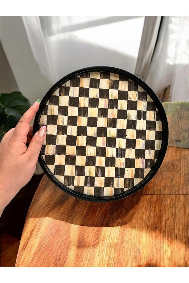 Damalı Yuvarlak Tepsi 28cm Sunum Dekoratif Ev Sofra Mutfak Çay Kahve Tepsi - 2