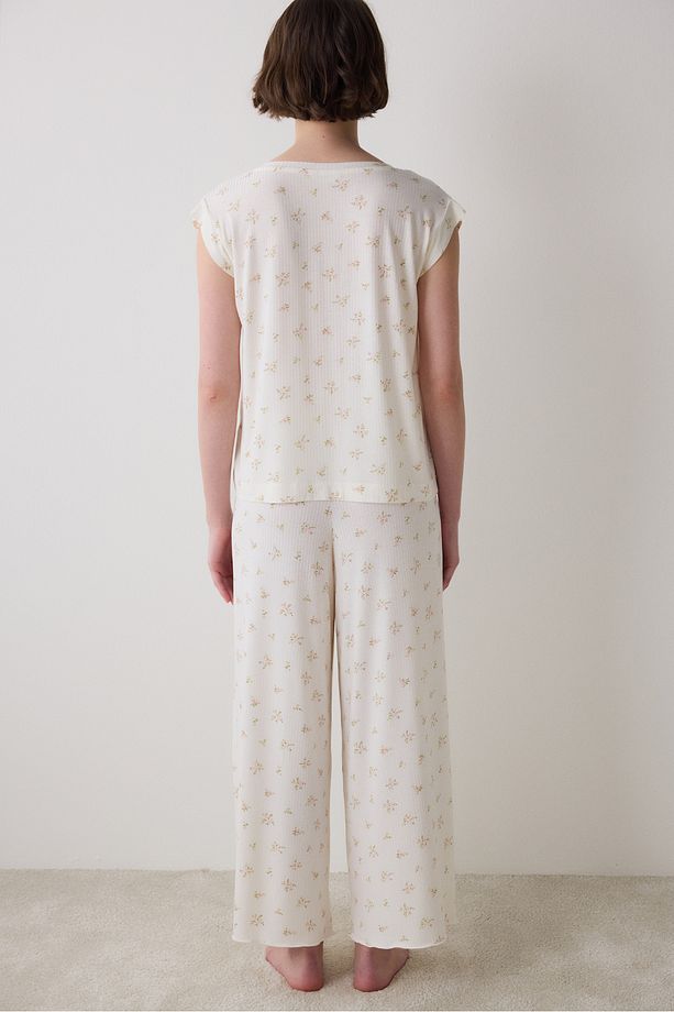 Bloom Printed Ekru Tişört Pijama Üstü - 5