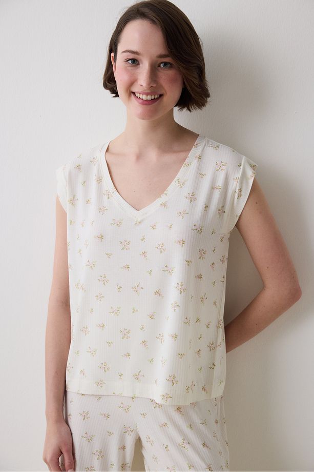Bloom Printed Ekru Tişört Pijama Üstü - 1