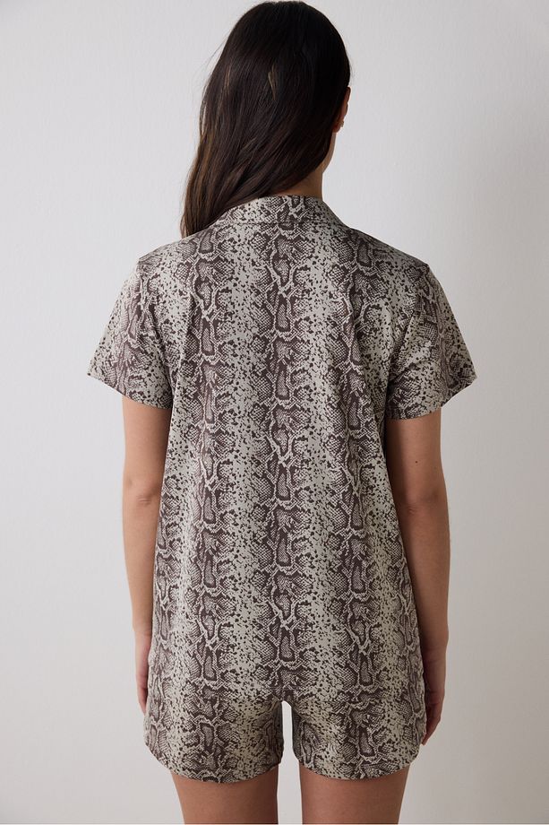 Printed Kahverengi Gömlek Şort Pijama Takımı - 4