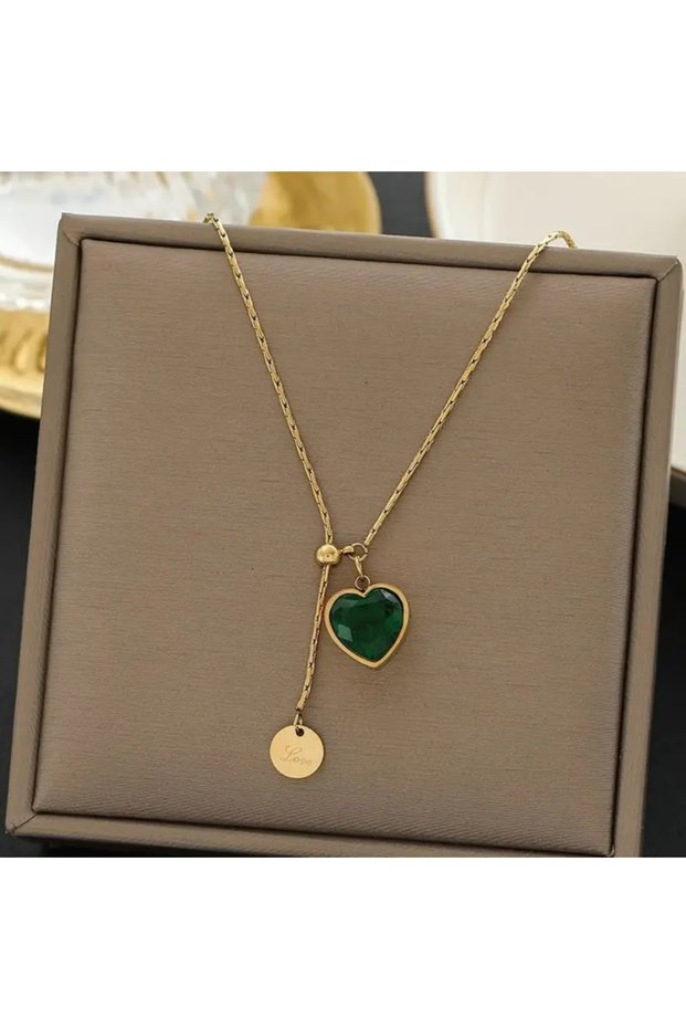 Still - Stylish Adjustable Stainless Steel Heart Necklace with Emerald Green Zircon Heart Stone Love Stamp