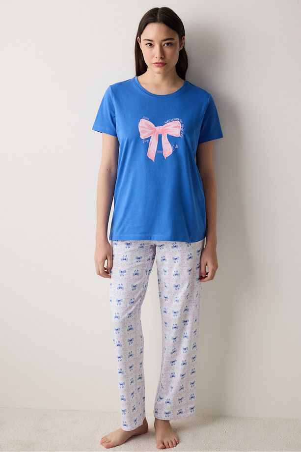 Fancy Bows Pantolon Mavi Pijama Takımı - 3