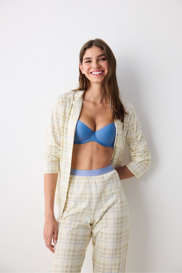 Pamuklu Ekru Checked Ekru Gömlek Pantolon Pijama Takımı - 4