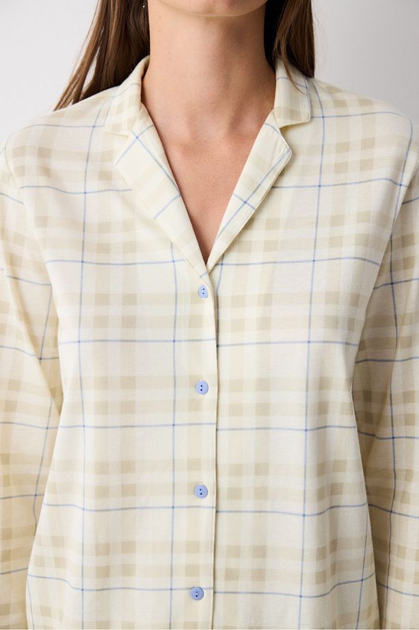 Pamuklu Ekru Checked Ekru Gömlek Pantolon Pijama Takımı - 6