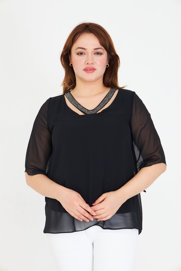 Women's Stylish Jewel Neck Plus Size Blouse