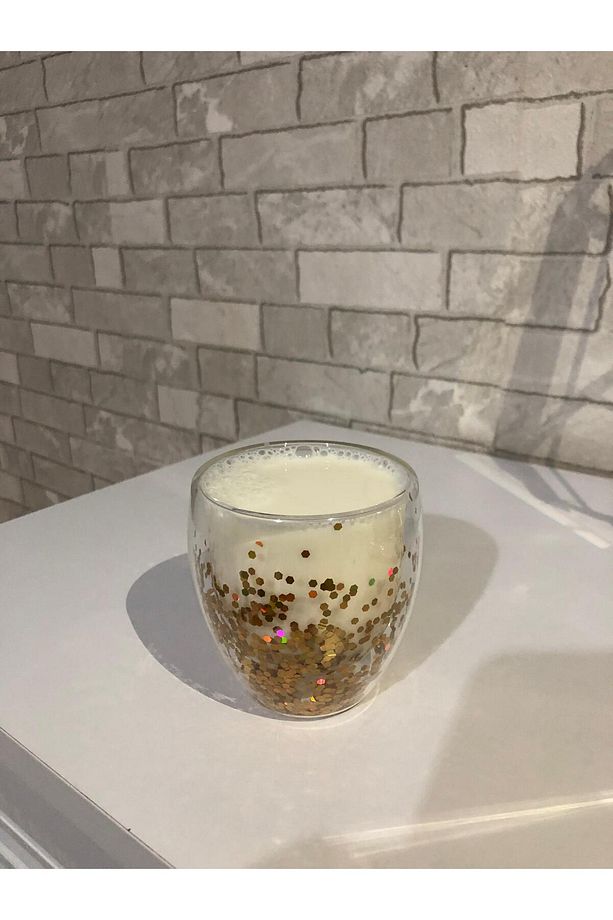Çift Cidarlı Turuncu Simli Cam Bardak Kahve Sunum Bardağı Isıya Dayanıklı Borosilikat 250 ml - 1