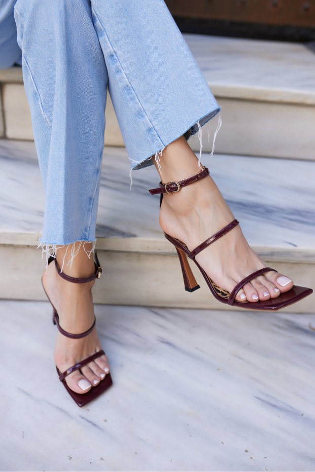 Cordeli Women's Burgundy Patent Leather Single Strap Heel Sandals