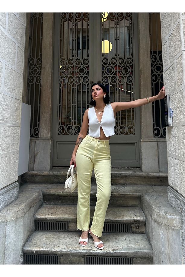 MARKA MODEL BOYFİT YIKAMALI SARI PANTALON - 8