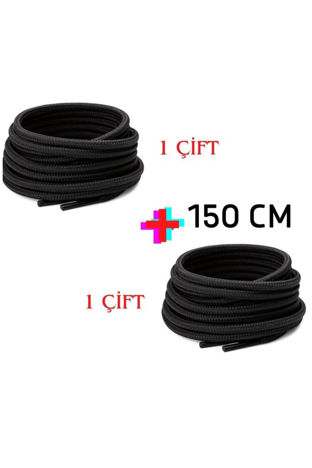 2 Pairs- 150 Cm, Black, Extra Sturdy, Thick, Ribbed Round Boots, Shoelaces