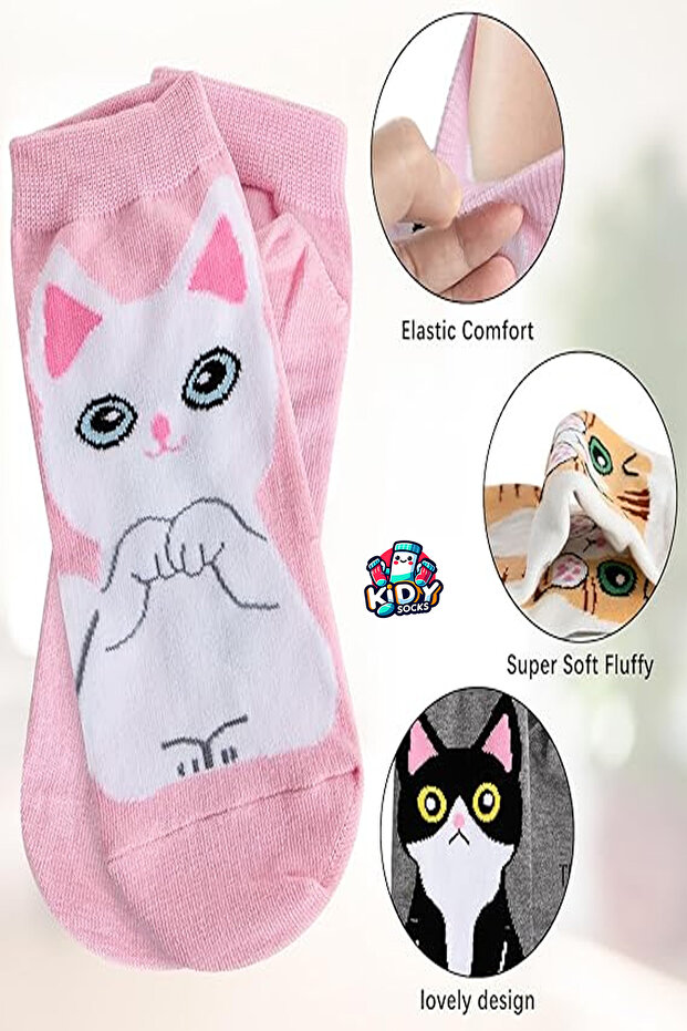 مجموعة من 5 أزواج من الجوارب القطنية المزخرفة على شكل قطة لطيفة - 2