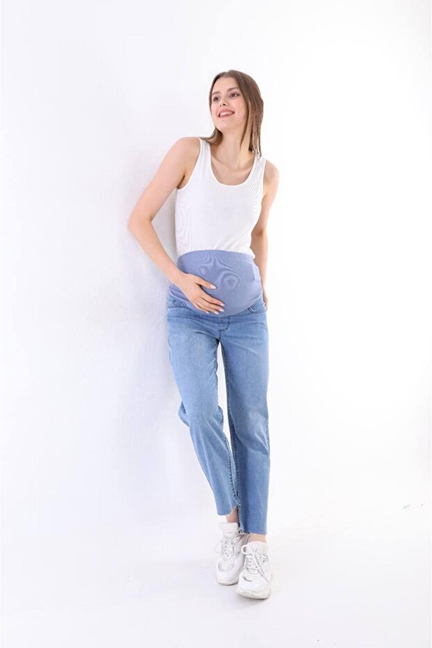 Pregnancy Stretchy Belly-Banded Adjustable-Waist Mom Fit Jeans Blue