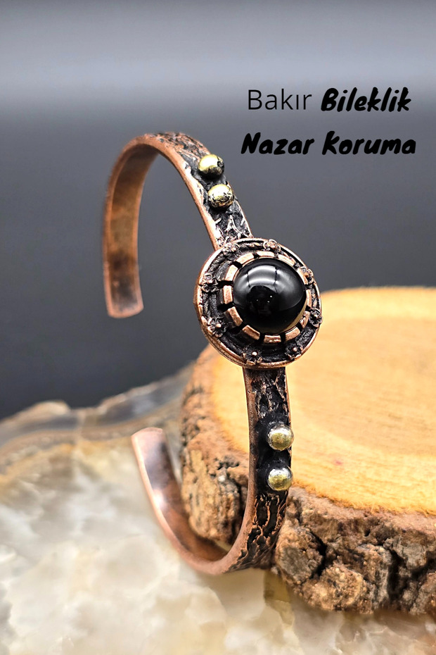Copper Bracelet (Pure) Adjustable Agate Black Stone Antique Unique Design (Evil Eye)