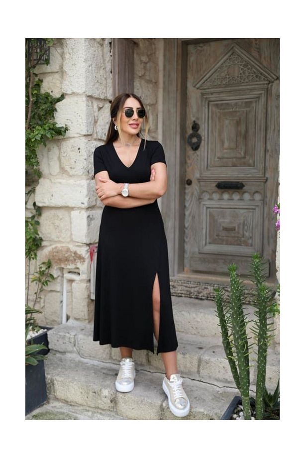 Kadın Kısa Kollu V Yaka Önü Tek Yırtmaçlı Viskon Elbise - 3