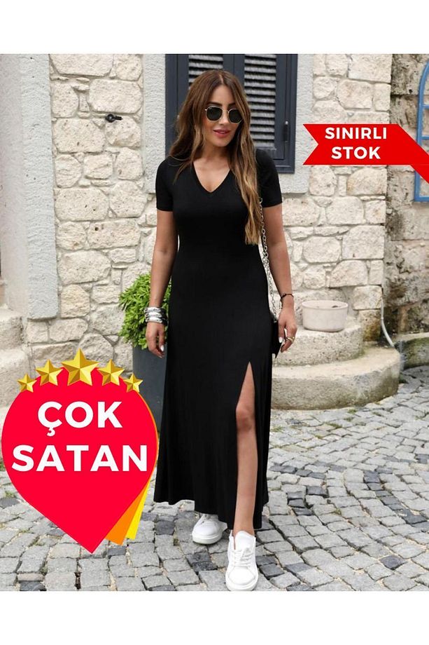 Kadın Kısa Kollu V Yaka Önü Tek Yırtmaçlı Viskon Elbise - 1