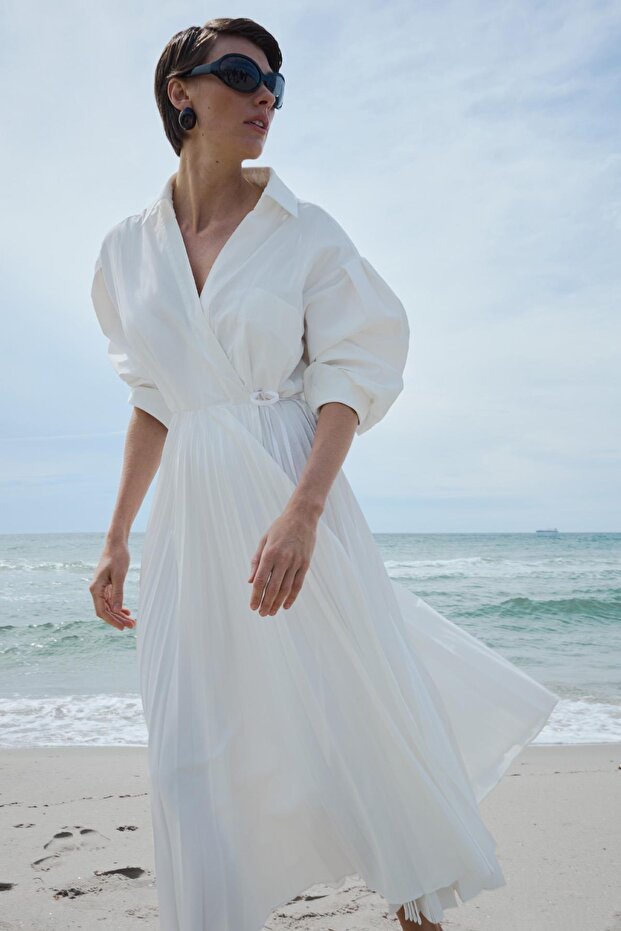 Beyaz Celia Anvelop Elbise - 8