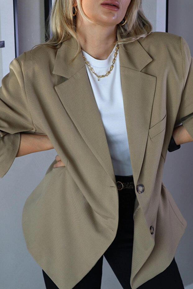 Çift Düğmeli Astarlı Oversize Ceket - Bej - 2