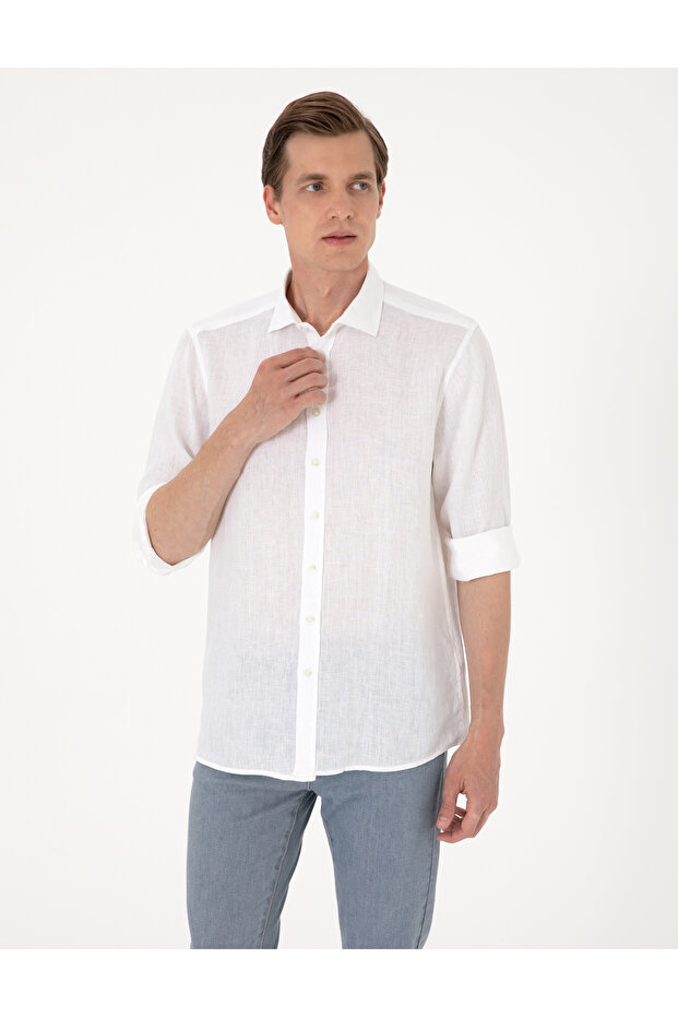 White 100% Linen Regular Fit Long Sleeve Shirt 50303293-Vr013