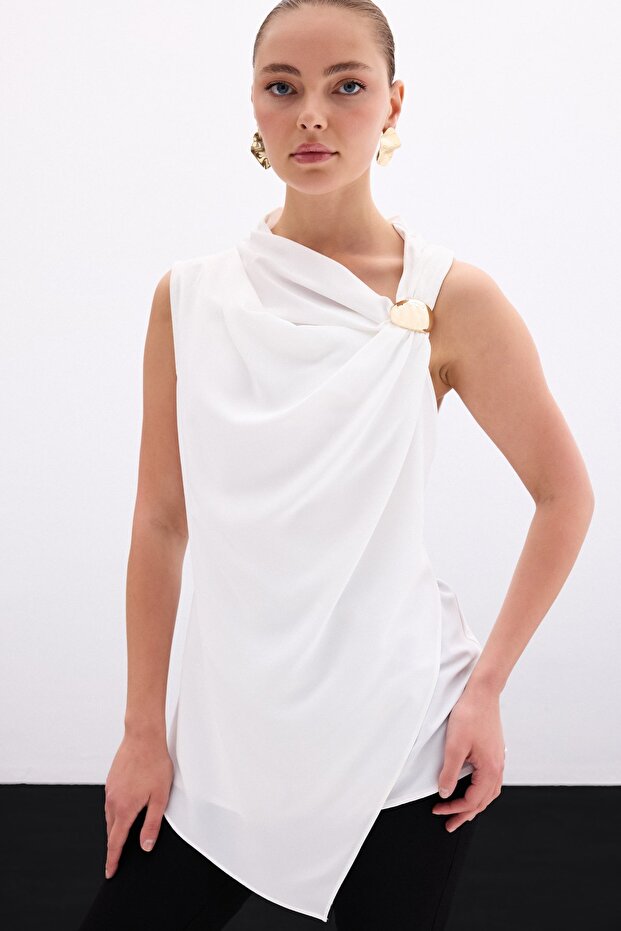 Blouse with One Shoulder Accessory - Ecru