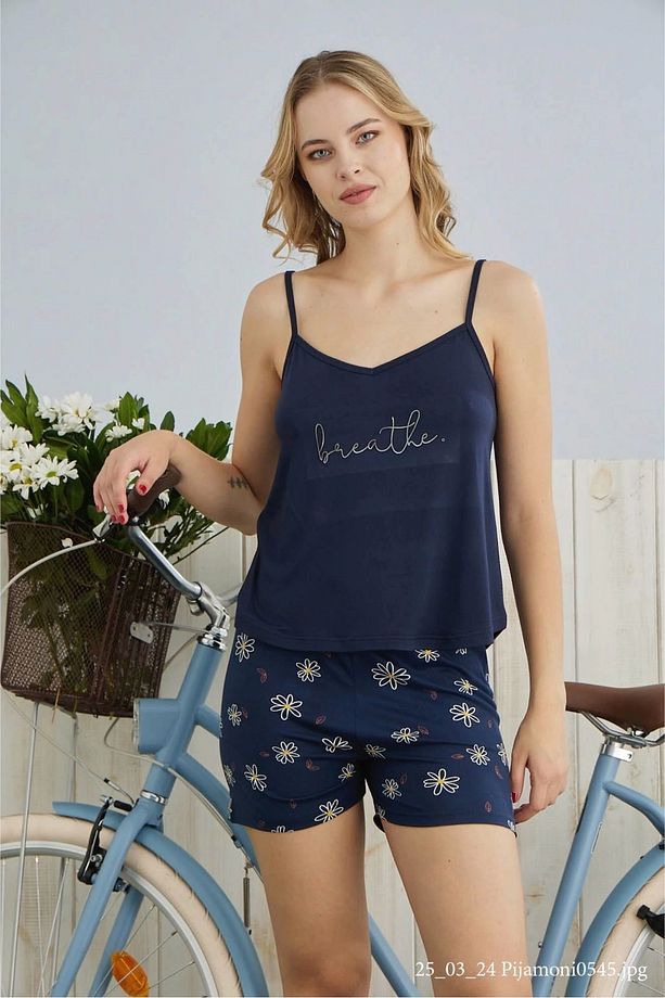 Kadın Milan Kumaş İp Askılı Şortlu Lacivert Pijama Takımı - 7624 - 2