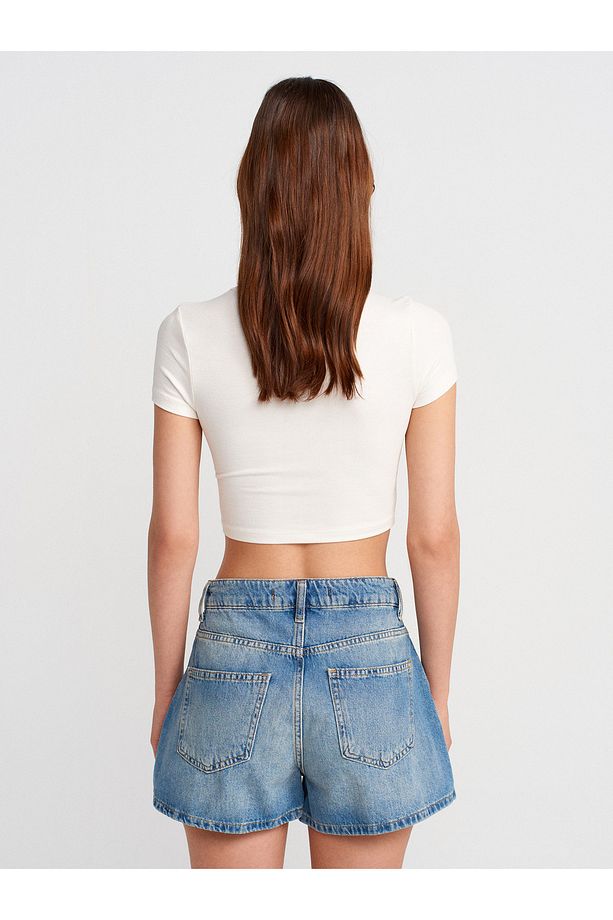 71998 Pileli Geniş Denim Şort-Tint - 2
