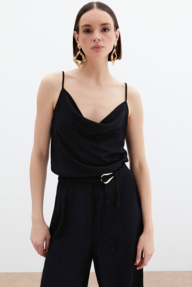 Flounce Collar Draped Blouse - Black