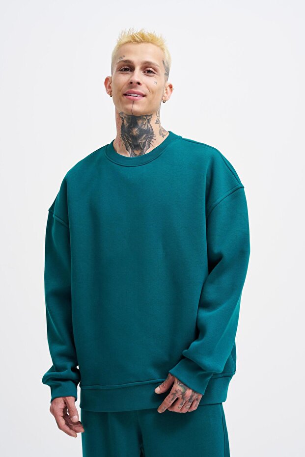 Erkek Oversize Basic Sweatshirt Oıl Green - 2