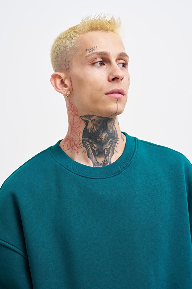 Erkek Oversize Basic Sweatshirt Oıl Green - 3