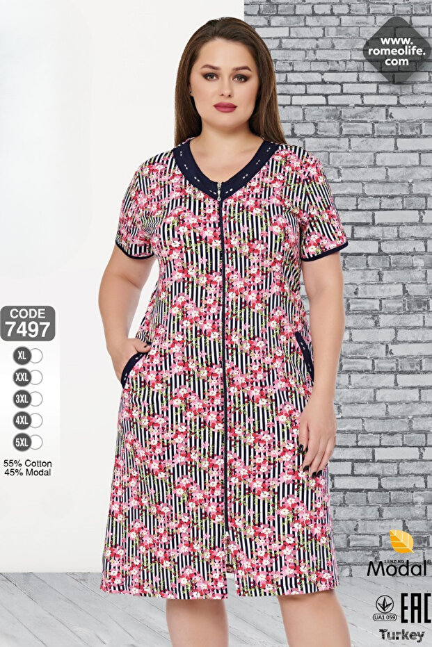 Women's Large Size Cotton Modal Fabric Zippered Patterned Summer Dress 7497