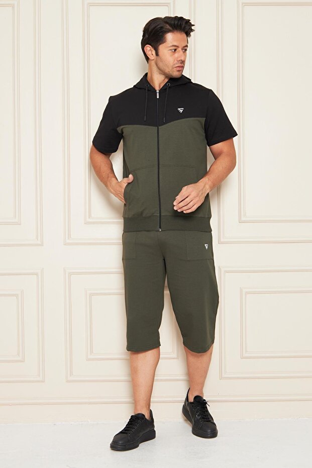 Men's Cotton Hooded Capri Suit Black / Khaki 7501-S.H.