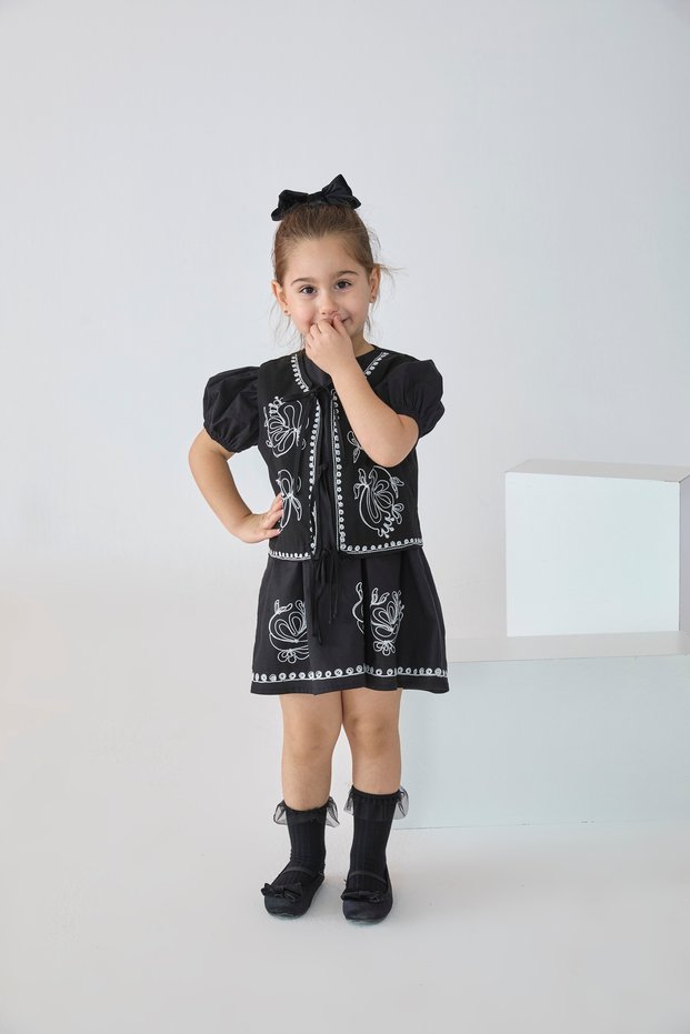 Black Embroidered Cotton Girl's Vest