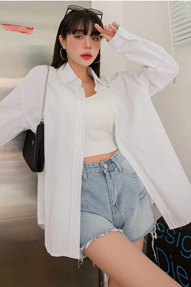 Oversize Basic Uzun Kollu Gömlek Beyaz - 1