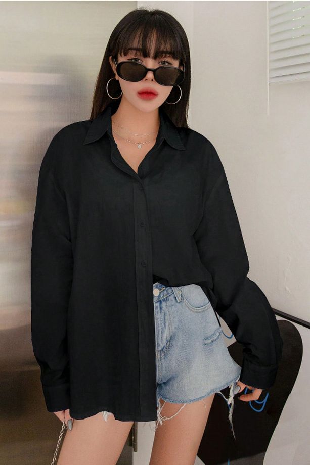 Oversize Basic Uzun Kollu Gömlek Siyah - 3