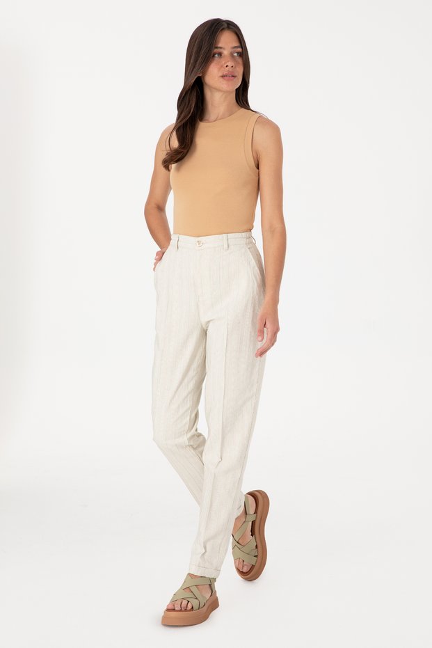 Women's Water Green Carrot High Waist Canvas Trousers 50300358-Vr048