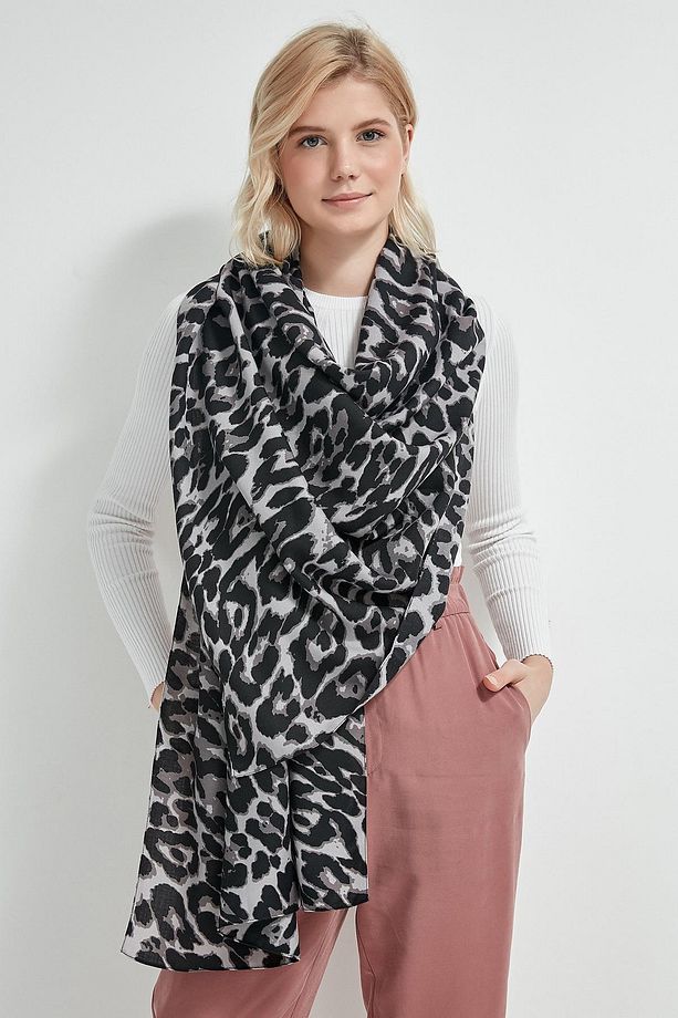 10862 Leopar Desenli Gri Renkli Şal - 2