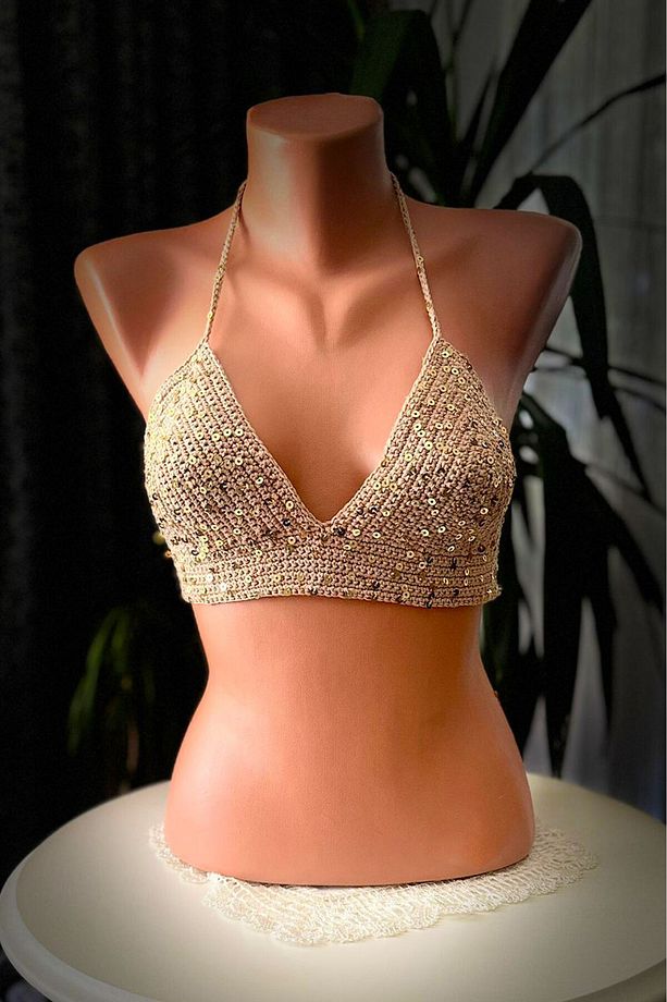 organik el örgüsü sim detaylı özel tasarım bikini üstü - 3