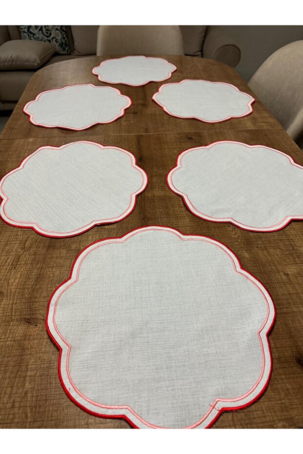 6 Pieces First Quality Linen Love Birds Matching Double Wrap Embroidered American Service Plate