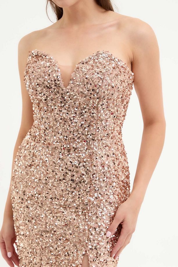 Kadın Gold Straplez Yaka Pul Payet Midi Abiye Elbise - 4