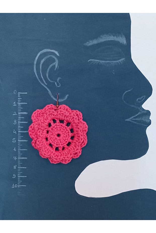 Crochet Örme Pembe Çiçek Küpe - 3