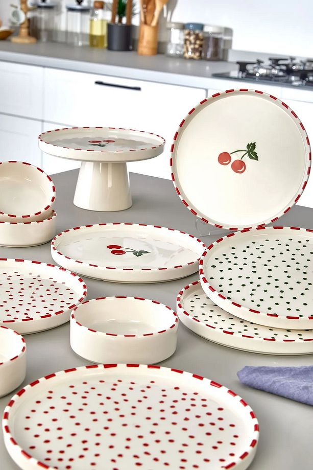 11 Parça 6 Kişilik Cherry Stackable Kahvaltı Takımı - Kirazlı Kahvaltılık Sunum Tabağı - 1